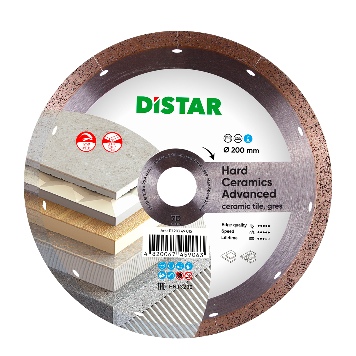 Disco de corte de baldosas cerámicas, gres porcelánico y otros. Cortes de calidad Distar Hard ceramics advanced